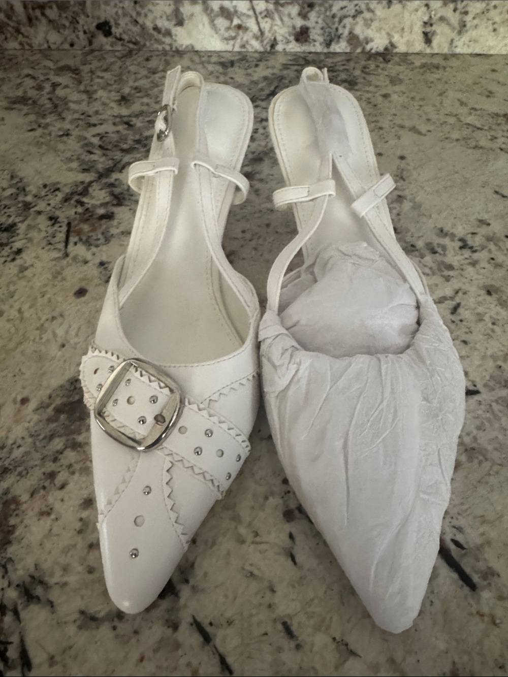 Women's White Pointed Slingback Heels with Buckle Detail